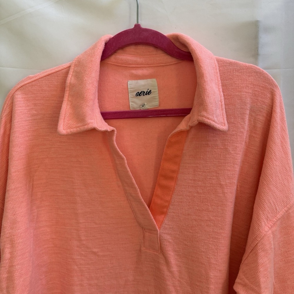 Aerie Polo Sweatshirt Women's L Coral Pink Slub Knit V-Neck Relaxed Athleisure - Picture 2 of 10